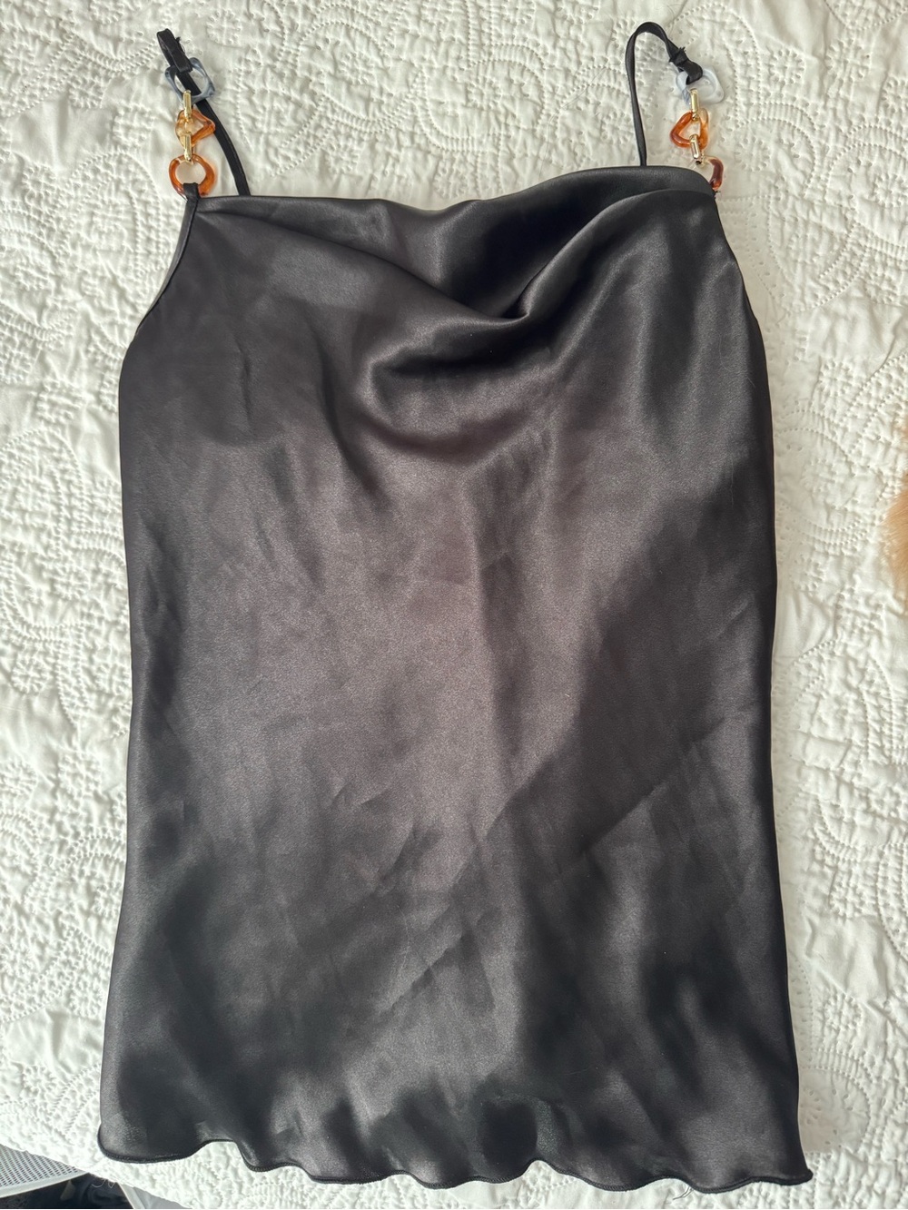 Black Satin Cowl Neck top with Gold Accent Straps